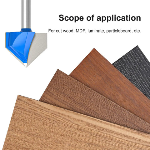 Pack Of 8 Hardcore Professional Carbide Router Bits For 90 Degree V Grooves And Chamfering Woodwork On Plywood shown on various wood samples