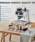 Sleek Stainless Steel Espresso Machine With Built In Grinder And Silky Milk Frother For Fresh Ground Magic And Zero Fuss Brewing featuring accessories on wooden table.
