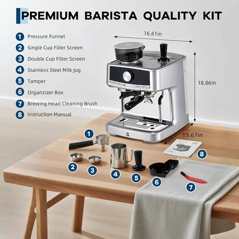 Sleek Stainless Steel Espresso Machine With Built In Grinder And Silky Milk Frother For Fresh Ground Magic And Zero Fuss Brewing featuring accessories on wooden table.