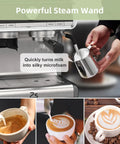 Pro 20 Bar Espresso Machine With Built In Conical Burr Grinder And Steam Wand For Pulling Smooth Shots And Crafting Rich Lattes Solid Home Barista Gear With Gray Silver Finish, steam wand frothing milk.