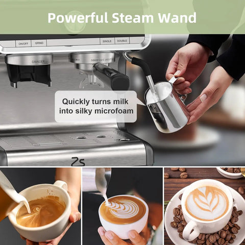 Pro 20 Bar Espresso Machine With Built In Conical Burr Grinder And Steam Wand For Pulling Smooth Shots And Crafting Rich Lattes Solid Home Barista Gear With Gray Silver Finish, steam wand frothing milk.
