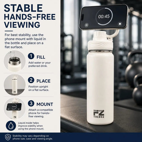 26 Oz MagSafe Water Bottle With Snap On Phone Cradle Double Wall Steel Keeps Your Hydration Icy All Day Long Zero Drip Build Pumped Up For Heavy Sweats Weekend Campouts And Nationwide Road Warrior Runs Ivory with phone mounted.