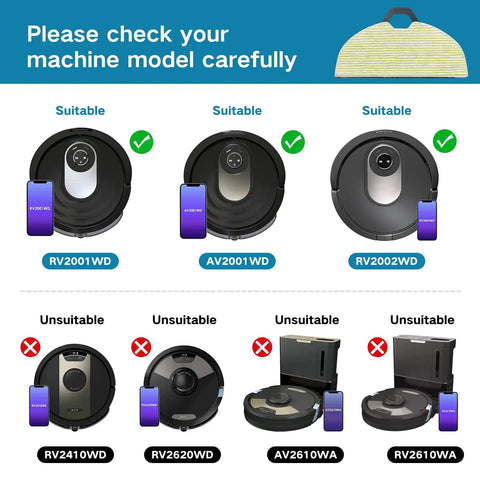 Compatibility check for All In One Replacement Parts Kit For RV2001WD AV2001WD Robot Vacuum Including Side Brushes Filters And Cleaning Mop Pads Durable Microfiber Pads Easy Install 10 Count For Pet Hair And Hard Floors.