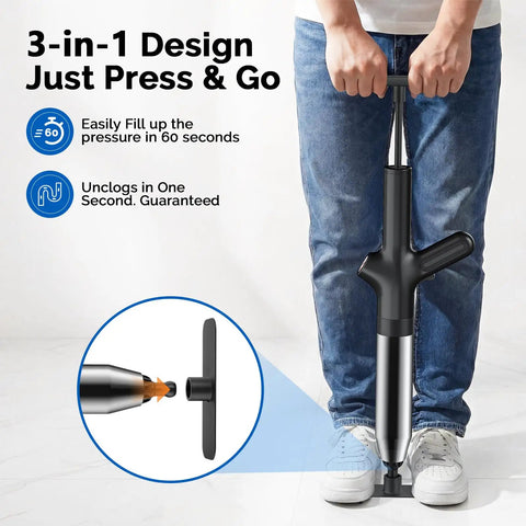 Heavy Duty High Pressure Toilet Plunger Wipes Out Bathroom Blockages Straight Up Effortlessly Supported By An Airtight Rubber Bulb And Easy Adjust Dial To Rocket Past Stubborn Clogs Without Any Sweat Or Fuss, 3-in-1 design in use.
