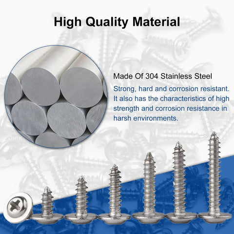 Close-up of 50 Pack of M2 x 8mm Phillips Pan Head Self Tapping Screws With Integrated Washer Heavy Duty Kit Killer Grip placed on stainless steel background.