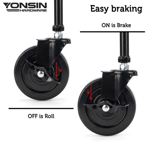 Heavy Duty Gate Caster Wheel With Side Brake, Spring Loaded Drag Wheel With 360 Degree Swivel, showing brake on and off positions