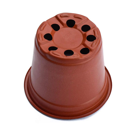 4 Inch Plastic Nursery Pots 100 Pack With Drainage Holes Ideal For Seedlings Cuttings And Transplanting Reusable Seed Starter Pots For Indoor Outdoor Plants Red, showing bottom view with drainage holes