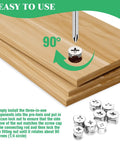 Heavy Duty Furniture Cam Lock Assortment Box With 125 Pieces Cabinet Connector Bolts And Nuts For Drawers Bed Frames And Pantries No Sweat Assembly Tight Hold Hardware Set, showing installation process with cam lock nuts and plywood.