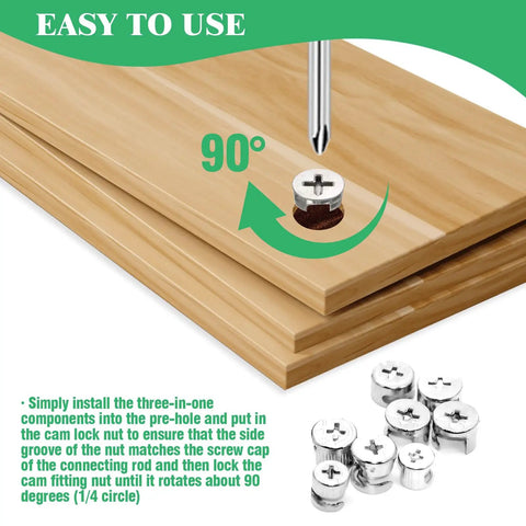Heavy Duty Furniture Cam Lock Assortment Box With 125 Pieces Cabinet Connector Bolts And Nuts For Drawers Bed Frames And Pantries No Sweat Assembly Tight Hold Hardware Set, showing installation process with cam lock nuts and plywood.