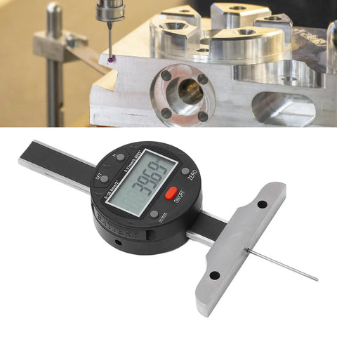 Digital Depth Gauge For Engineering, Go To Precision 0 To 50.8mm Range With 0.01mm Accuracy, LCD Display, measuring tool on metal part