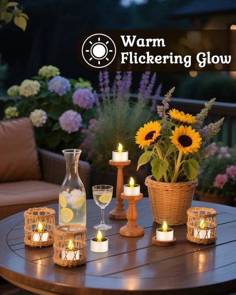 Solar Powered Tea Lights Six Pack Flameless LED Candles on outdoor table with sunflowers