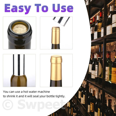Image showcasing 100 Piece PVC Heat Shrink Wine Bottle Capsule Kit with Black Plastic Tops for easy sealing.