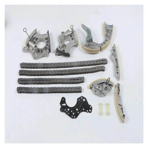 Heavy Duty Rock Solid Timing Chain Rail Kit Guide Set Compatible With Audi S7 S8 RS6 Plus Bentley Continental 4.0 V8 Engine parts laid out on white