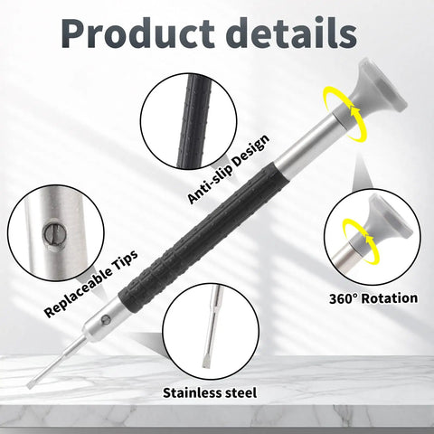 Pro Grade All In One Watch Repair Screwdriver Set With 9 Precision Slotted And Phillips Bits product details showing features.