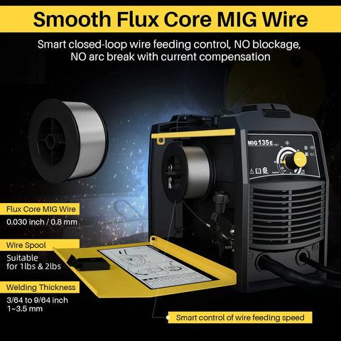 Smooth Flux Core welding wire and Dope Beginner Friendly MIG Welder 135E Flux Core 110V Inverter with Inner Wire Feeder