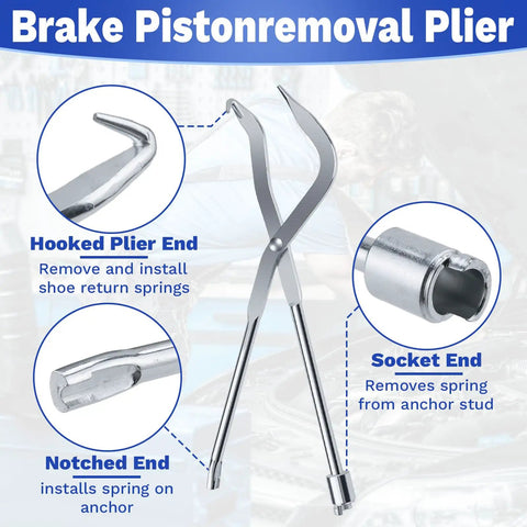 Heavy Duty Brake Spring Pliers For Drum Brakes Made From Heat Treated Carbon Steel Cuts Through Stubborn Hardware Easily, showcasing dual ends for easy use.