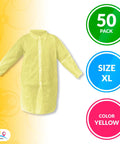 Yellow Disposable Lab Coats For Adults XL, 50 Pack, Knee Length, No Pockets, Elastic Wrists, Hook And Loop Closure