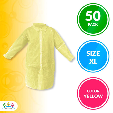 Yellow Disposable Lab Coats For Adults XL, 50 Pack, Knee Length, No Pockets, Elastic Wrists, Hook And Loop Closure