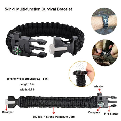 All In One 13 In 1 Survival Kit With Outdoor Gear Essentials Like Fire Starter, Survival Bracelet, Whistle, Compass, Flashlight bracelet