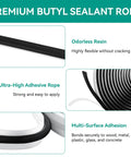 Rock Solid Butyl Sealant Rope 5 By 20 Ft Self Adhesive Waterproof Tape For Septic Tank Risers and Adapter Rings close up of flexible black butyl sealant.