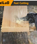 Leiluo oscillating saw blade in action; black blade with sharp teeth cutting wood.