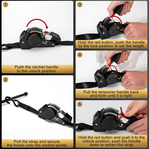 1 Inch By 10 Feet Heavy Duty Retractable Ratchet Straps 4 Pack 1800 Lb Break Strength Auto Retract Webbing used for securing cargo.