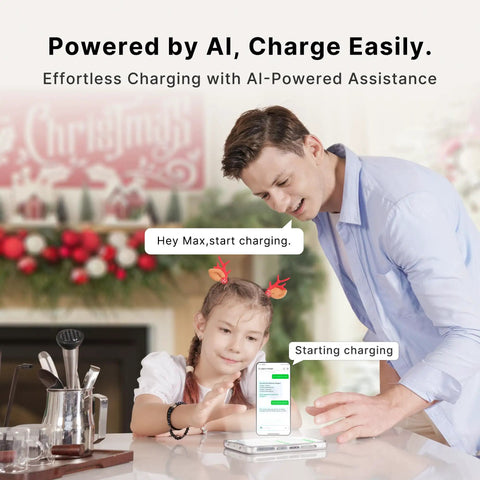 Father and daughter using Level 2 Home EV Charger 40 Amp With Smart AI Tech, Wi Fi And Bluetooth EVSE in a festive home setting