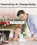 Man and child using AI-controlled device on table with Christmas decorations in background, displaying charging commands.