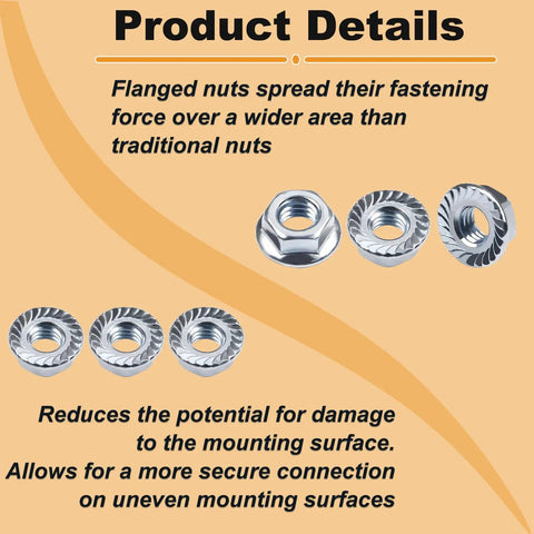 Top Shelf Carbon Steel Serrated Flange Hex Nuts 5/16-18 Inch Assortment Kit showing details of flanged nuts for secure connections.