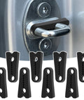 Eight Piece Silicone Door Mute Clamps Heavy Duty Shock Absorbers With Non Slip Teeth For Universal Pickup And Suv Smooth Landing Zero Slams Quiet Cabin Black shown mounted on a vehicle door.