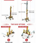 Top Rated Portable Material Lift With Manual Winch Stacker And Forks showing lowest and highest positions, two and four-wheel base options.