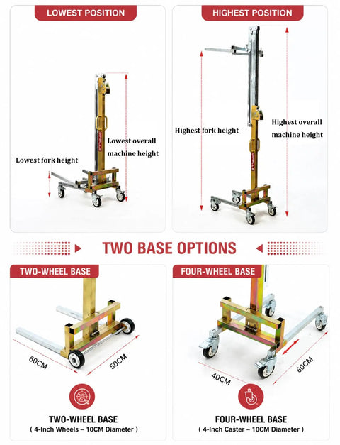 Top Rated Portable Material Lift With Manual Winch Stacker And Forks showing lowest and highest positions, two and four-wheel base options.