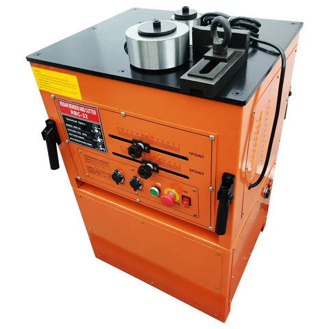 Heavy Duty Electric Rebar Bender And Automatic Steel Bar Cutter Machine Boasts A Tough Iron Build 110 Volt 3 Kilowatt Motor view showing controls and construction design.