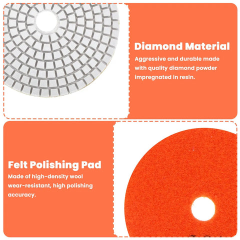 Snag This Awesome Twenty Pack Of Four Inch Wet Dry Diamond Polishing Pads Set Perfect For Grinding To Mirror Shine On Granite Marble Quartz Concrete Stone Includes All Grits Thirty To Ten Thousand Backer Pad Adapter And Wool Disc showing diamond and felt pads
