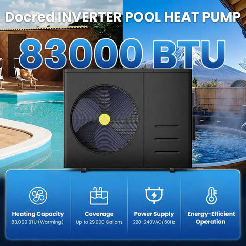 Premium 83000 Btu Electric Pool Heater For Above Ground And Inground Pools With Advanced Evi Compressor next to swimming pool.