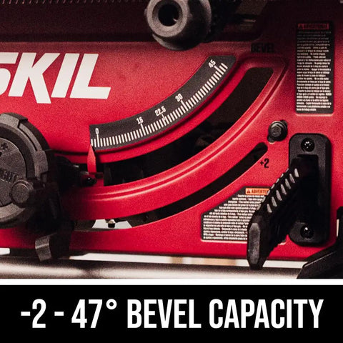 Close-up of Powerful 15 Amp 10 Inch Portable Jobsite Table Saw with bevel scale and red body showing -2 to 47 degree bevel capacity.