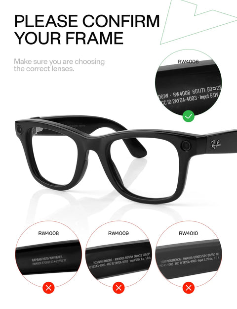 UV400 Replacement Lenses For Ray-Ban Meta Wayfarer RW4006 50mm Adapt Gray Photochromic With Nano Coating frame confirmation guide