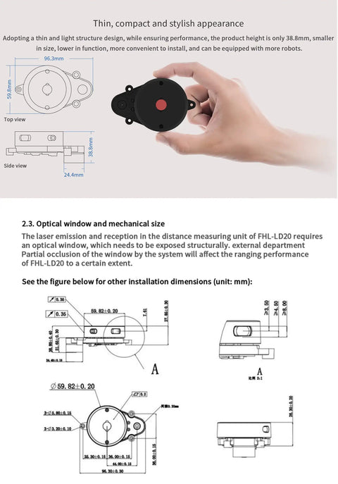 Person holding LD20 LiDAR Kit with 8 meters range and 360 degree scan, USB-TTL adapter included, shown with dimensions