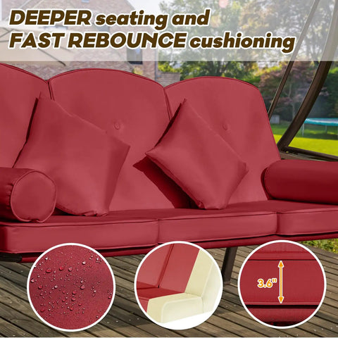 3 In 1 Outdoor Porch Swing With Adjustable Canopy For Adults, cozy 3 seat patio swing with thick cushions in wine red color, detail