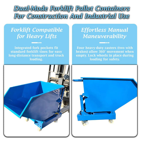 Heavy Duty Steel Self Dumping Hopper And Forklift Bin With Dual Brake Casters And Drain Valve, 2200 Lb visible with integrated fork pockets.
