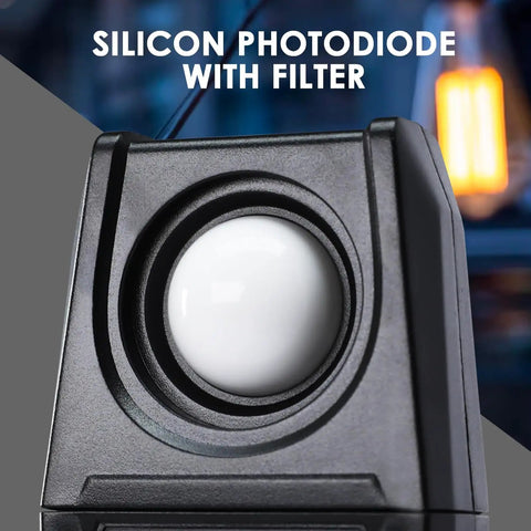 Digital Illuminance Light Meter With Backlight Lux Meter For Indoor Outdoor Use, Measures 0.1 To 200000 Lux And 0.01 To 20000 FC, Go-To Gear For Plants, Film Photography, And Lighting Setup. Silicon photodiode with filter shown close-up.