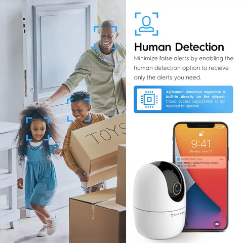 4MP WiFi Indoor Camera With Baby Monitor, Human And Pet Detection, Motion Tracking, phone app compatibility shown in advertisement