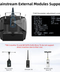 16 Channel RC Transmitter And R16F Telemetry Receiver With Pro Grade Multi Protocol And Voice Broadcast Support For Drones Planes Cars And Boats Mode 2 Left Throttle Long Range Up To 4km 3ms Response ExpressLRS Crossfire Compatible showing parameter adjustment screen and module compatibility