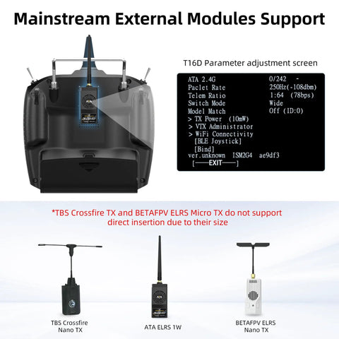 16 Channel RC Transmitter And R16F Telemetry Receiver With Pro Grade Multi Protocol And Voice Broadcast Support For Drones Planes Cars And Boats Mode 2 Left Throttle Long Range Up To 4km 3ms Response ExpressLRS Crossfire Compatible showing parameter adjustment screen and module compatibility