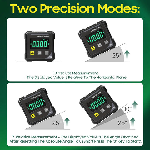 Digital angle finder with laser protractor inclinometer showing two precision modes and angle measurements.