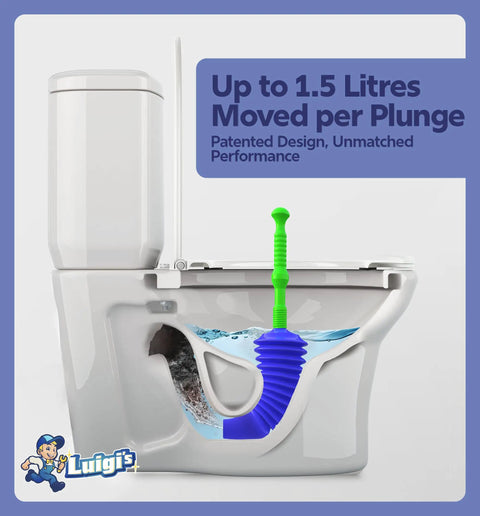 Water Powered Heavy Duty Toilet Plunger With Bellows Design Slim Targeted Nozzle Clears Clogs Fast On Any Toilet Works On Low Flow Elongated Or Modern Toilets Unblocker For Bathroom Use Blue in action on a toilet with cutaway.