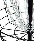 Close-up of Black Hole Lite 24-Chain Disc Golf Basket Target With Beefy All Metal Frame And Stable Base showing lightweight chains