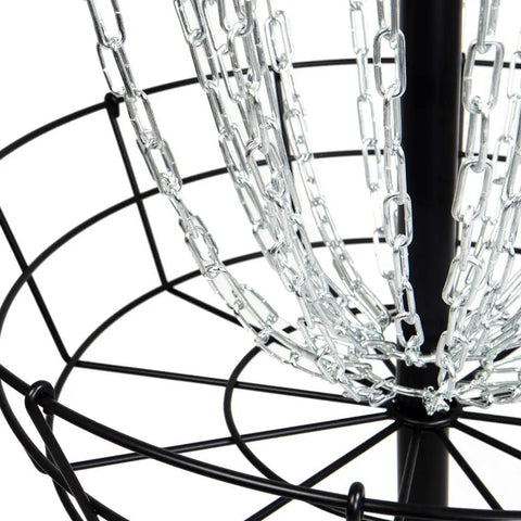 Close-up of Black Hole Lite 24-Chain Disc Golf Basket Target With Beefy All Metal Frame And Stable Base showing lightweight chains