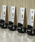Heavy Duty Sliding Door Rollers Set Of Four Featuring Whisper Quiet Rubber Caster Wheels That Ride Smooth As Butter On Wooden Gates Patio Doors And Room Dividers, close-up of chrome rollers with black wheels.