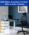 Front view of blue desktop height-adjustable desk with white frame and black mesh office chair.